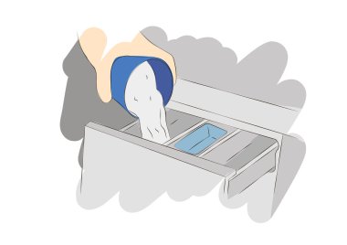 Lavabo ve çamaşır makinesi banyoda. Çamaşır makinesi detayı. El yıkama tozu çamaşır makinesi içine dökme