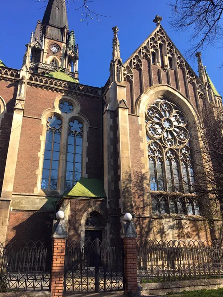 Estilo Gótico Arquitectura Catedral Lviv Vista Desde Abajo Fachada Iglesia — Foto de Stock