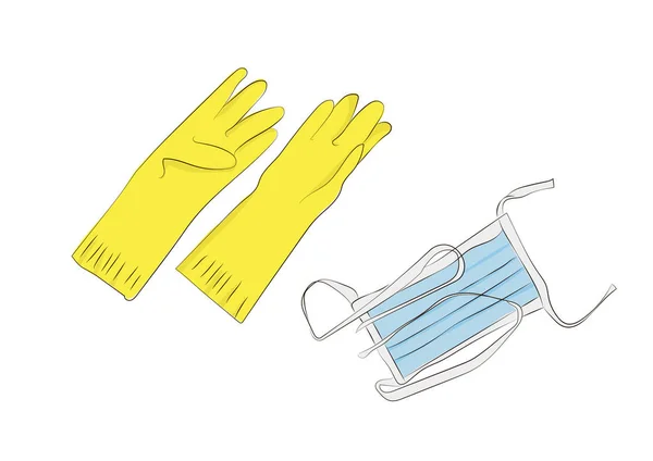 Yellow rubber gloves and mask for cleaning isolated on white background. Safety Cleaning Face Mask. Vector illustration. Cleaning tools