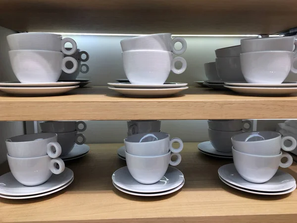 Coffee Cups Crockery Shop Designer Small Ceramic Cups Wooden Shelf — Stock Photo, Image