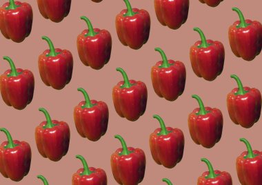 Kırmızı arka plan desenüzerinde kırmızı biber. Sebze soyut arka plan. Kırmızı biber. Minimal gıda konsepti. Taze sebzeler izole edilmiş. Biber bileşimi. Düz döşeme, üst görünüm, kopyalama alanı