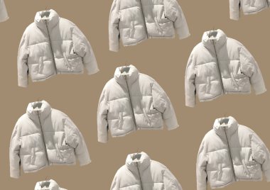 Beyaz kadınlar ceket desenini şekillendiriyor. Kahverengi arka plan üzerinde izole zip bağlantı elemanı ile yastıklı ceket. Kışlık giysi deseni. Giysi bileşimi. Düz döşeme, üst görünüm, kopyalama alanı
