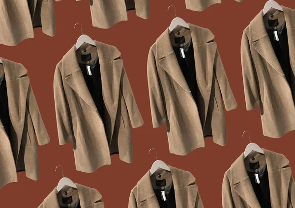 棕色妇女大衣在挂架上隔离在红色背景 衣服的组成 顶视图 复制空间 女衣大衣冬季服装图案 严格的经典棕色外套 — 图库照片