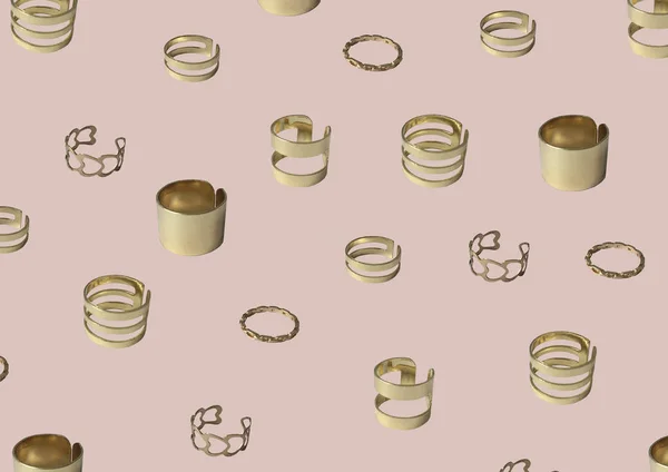 Pattern with different jewelry rings on pink background. Gold fashion rings isolated on background. Multiple Rings Set Gold Plated Minimalist Simple Thin Cute. Gentle concept pictures. Banner