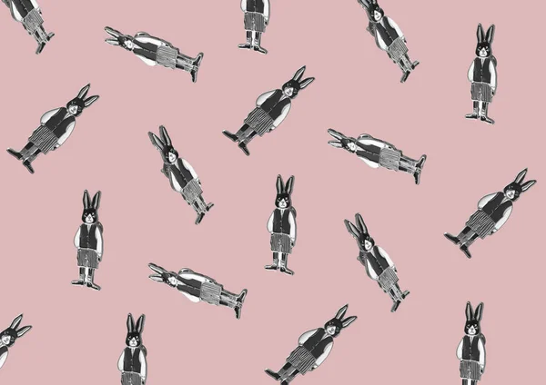 Black and white rabbits isolated on pink background. Pins and brooches Rabbit on white background. Miss bunny rabbit brooch badge series. Jewelry in the form of rabbit in suit. Photo collage. Pattern