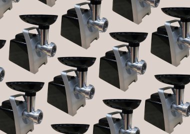 Bej arka planda izole edilmiş modern mutfak gıda işlemcisi. Mutfak evrensel yemek karıştırıcısı. Çok fonksiyonlu gıda işlemcisi. Elektrik Mutfağı ve Ev Aletleri. Uzayı kopyala Desen