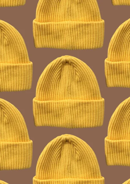 Yellow winter hipster hat pattern isolated on brown background. Fashion casual winter hat. Winter Wooly Hat. Winter clothes pattern. Banner concept
