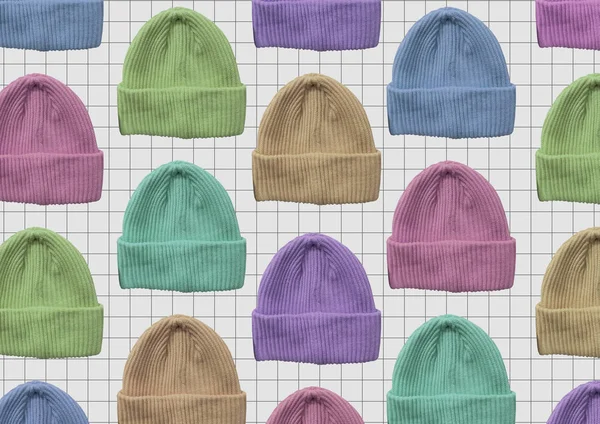 Colorful winter hipster hat pattern isolated on white background. Fashion casual winter hat. Winter Wooly Hat. Winter clothes pattern. Banner concept