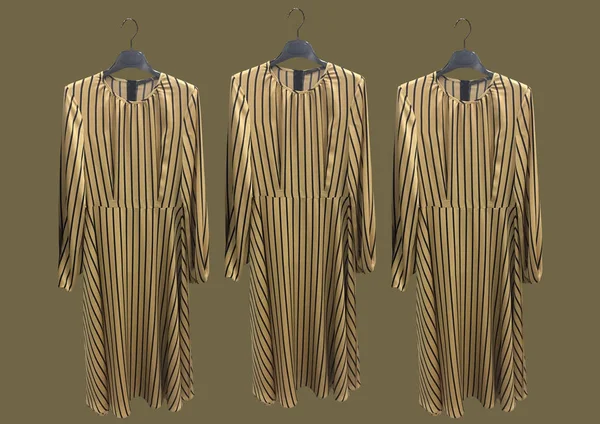 Beautiful elegant beige striped dresses on a hanger isolated on brown background. Long silk dress with long sleeves. Composition of clothes. Flat lay, top view, copy space. Clothes pattern