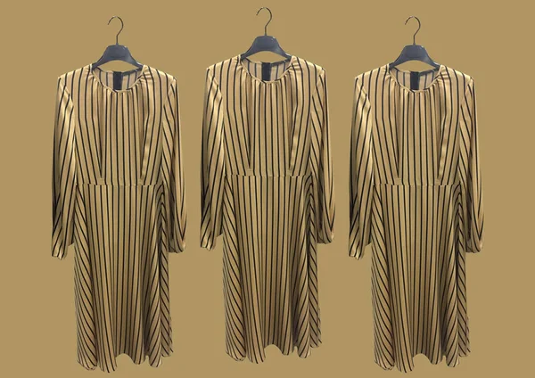 Beautiful elegant beige striped dresses on a hanger isolated on brown background. Long silk dress with long sleeves. Composition of clothes. Flat lay, top view, copy space. Clothes pattern