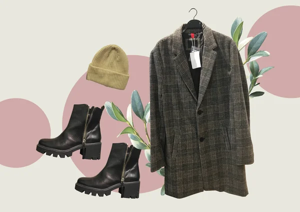 Collage of autumn clothes isolated on abstract background. Plaid coat, leather boots on thick soles, yellow knitted hat. Autumn look collage. Green leaves. Banner concept. Trendy clothes collage