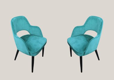 Kahverengi arka planda izole edilmiş şık bir turkuaz sandalye. Döşeme tasarımcısı koltuğu. Renkli mobilya deseni. Modern tasarımda sandalyeler. Rahat mobilyalar. Fotoğraf kolajı