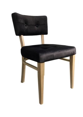 Beyaz arka planda izole edilmiş şık tasarımcı siyah koltuğu. Döşeme tasarımcısı koltuğu. Yumuşak aksanlı tahta sandalye. Modern tasarımda sandalyeler. Rahat mobilyalar. Fotoğraf kolajı