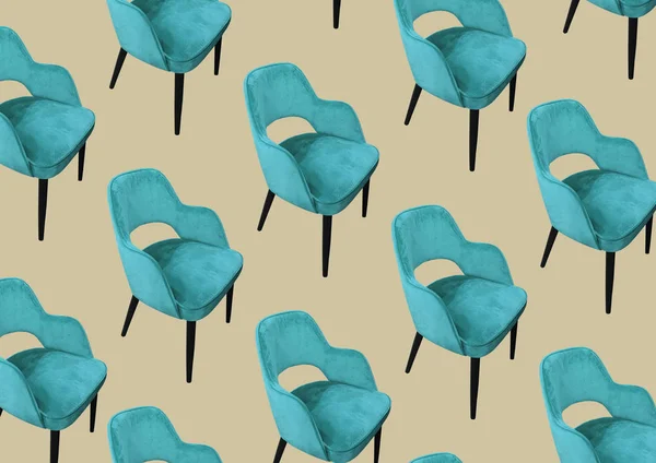 Stylish designer turquoise chair isolated on brown background. Upholstered Designer Chair. Color furniture pattern. Chairs in modern design. Comfortable furniture. Photo collage