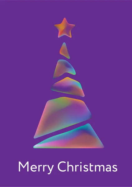 Gradient bubble Christmas tree with star isolated on purple background. Fluid colorful gradient shapes. Abstract gradient Christmas tree. Stylish New Year card. Merry Christmas Lettering
