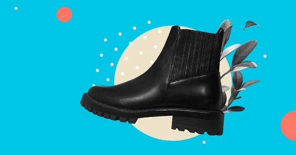 Siyah Ayak Bileği Deri Kadın Çizmeleri ve soyut renkli arka planda izole bitkiler. Sıradan kadın ayakkabıları. Kıyafet kompozisyonu. Eğlenceli parti moda yaz havası. Pankart satışı