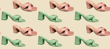 Zarif, modaya uygun, yüksek topuklu, zarif kadın sandaletleri. Kıyafet kompozisyonu. Yaz Satışı. Şık kadın ayakkabıları. Moda kıyafet kolajı. Kolaj giysileri afişi