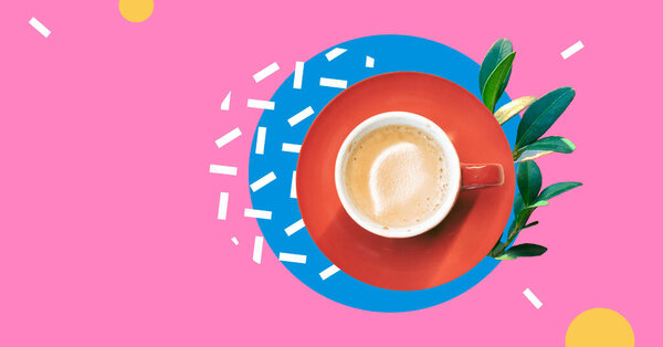 Coffee cup with fresh plants isolated on abstract colorful background. Drinking coffee during lunch in office. Coffee shop. Latte. Breakfast concept. Good morning. Collage banner design