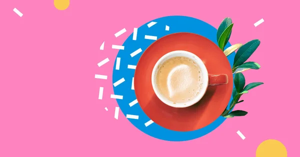 Coffee cup with fresh plants isolated on abstract colorful background. Drinking coffee during lunch in office. Coffee shop. Latte. Breakfast concept. Good morning. Collage banner design