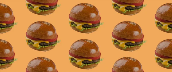 Peynirli ve sebzeli leziz hamburgerin kusursuz deseni. Fast food yaratıcı konsepti. Özel teklif ve ucuz fiyat. Öğle ve akşam yemeği. Kolaj afişi tasarımı