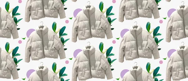 Бесшовный Рисунок Белых Женщин Моды Вниз Куртку Свежими Растениями Изолированы — стоковое фото