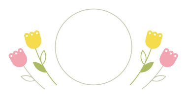 Basit çiçek çizimleriyle yuvarlak gri yuvarlak çerçeve. Şirin renkli retro tarzı çiçekler seti. Banner konsepti. Doğa. Bahar çiçeği koleksiyonu. Çiçek arkaplan. Düğün için. Bahar çiçekleri