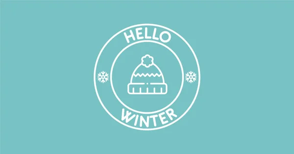 Hello Winter typography minimal postcard. Text patch sticker. Warm hat icon. Round seal stamp logo. Quote, phrase. Label or badge. Happy New Year. Greeting card invitation. Winter holidays