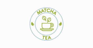 Matcha Tea tipografisi en az kartpostaldır. Metin yaması etiketi. Tatil geçmişi. Yuvarlak mühür amblemi. Alıntı, cümle. Matcha latte. Japon çay seremonisi. Bir fincan çay ikonu. Yapraklar. 