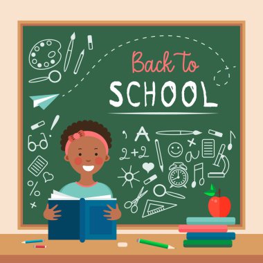 Vektör çizim. Düz stil simge mutlu koyu tenli kız sınıfta. Sevimli karakter ve basit öğeler çalışma için. Geri okul afiş. Eğitim kavramı.