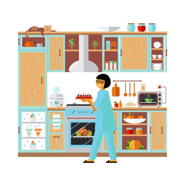 Векторная Иллюстрация Интерьер Современной Кухни Приготовления Пищи Симпатичная Кошка Женщина — стоковый вектор
