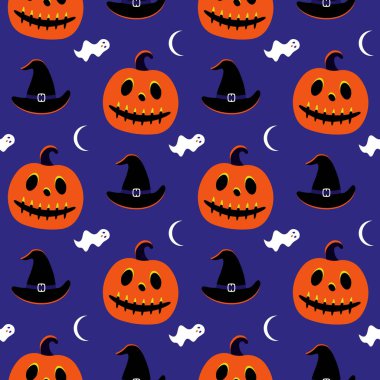 Vektör çizim. Cadılar Bayramı sembolleri ile Seamless modeli. Cadılar Bayramı tatil arka plan balkabağı, hayalet ve şapka ile.