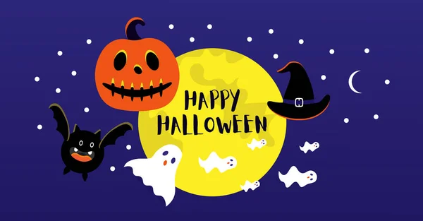 Ilustracja Wektorowa Halloween Kartkę Życzeniami Szablon Transparent Tradycyjnymi Elementami Pełnia — Wektor stockowy