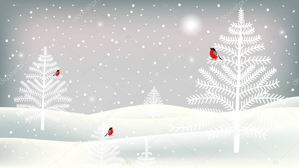 Vector illustration. Merry Christmas greeting card with cute characters. Background with bullfinches, trees, landscape and snowfall.