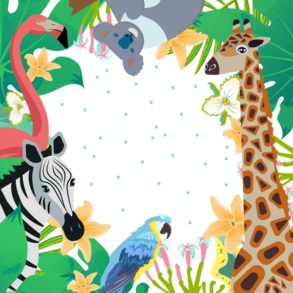 Different Animals Tropical Plants Vector Illustration — Stock Vector