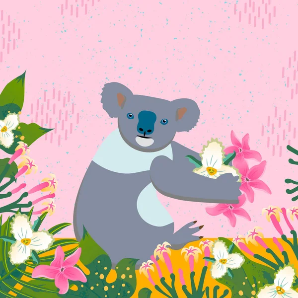 Koala Con Flores Tropicales Ilustración Vectorial — Vector de stock