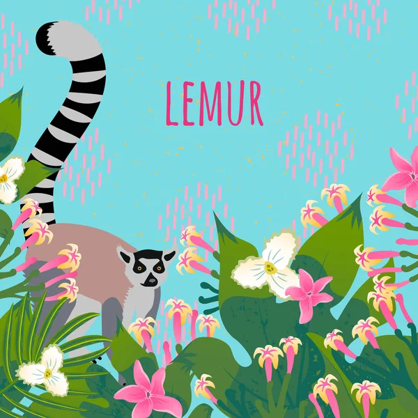 Lindo Lémur Flores Tropicales Ilustración Vectorial — Vector de stock
