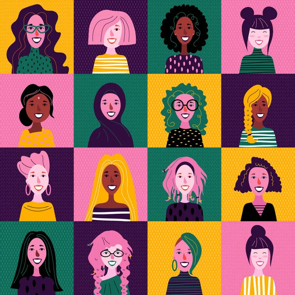 portraits of drawn women on colorful background