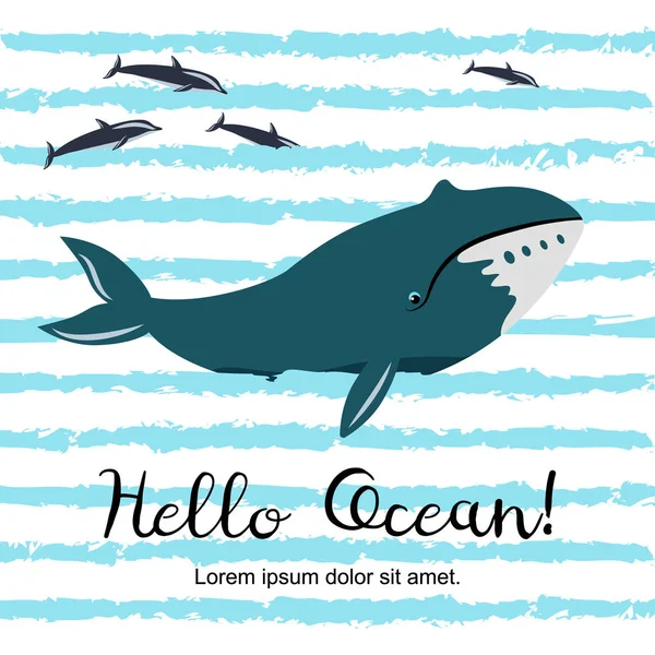 Hello Ocean Färgglada Banner Med Whale — Stock vektor