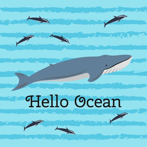 Hello Ocean Kolorowy Baner Niebieskim Wielorybem — Wektor stockowy