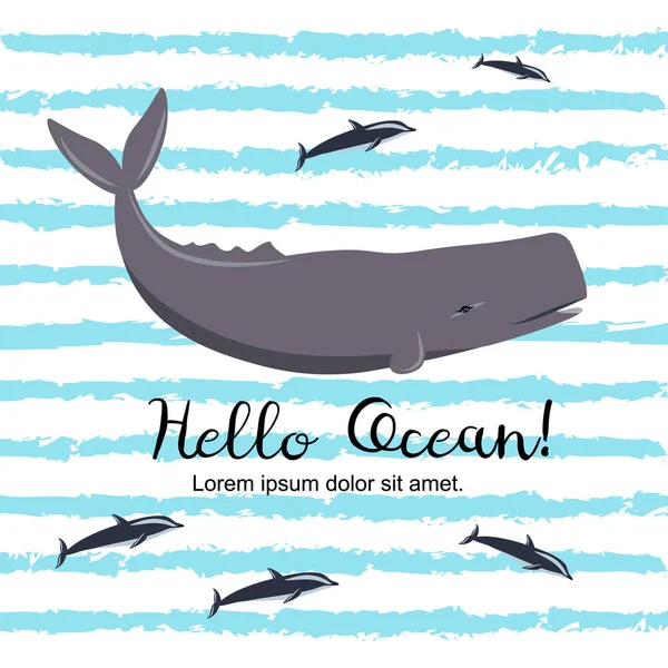 Hello Ocean Färgglada Banner Med Kaskelot — Stock vektor
