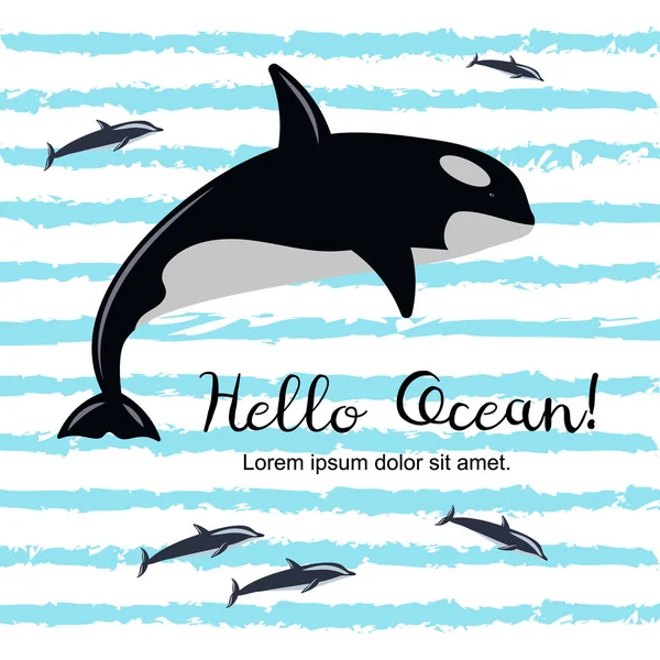 Hello Ocean Färgglada Banner Med Späckhuggare — Stock vektor