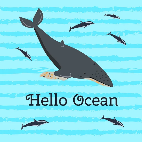 Hello Ocean Kolorowy Banner Humbaki Wieloryba — Wektor stockowy