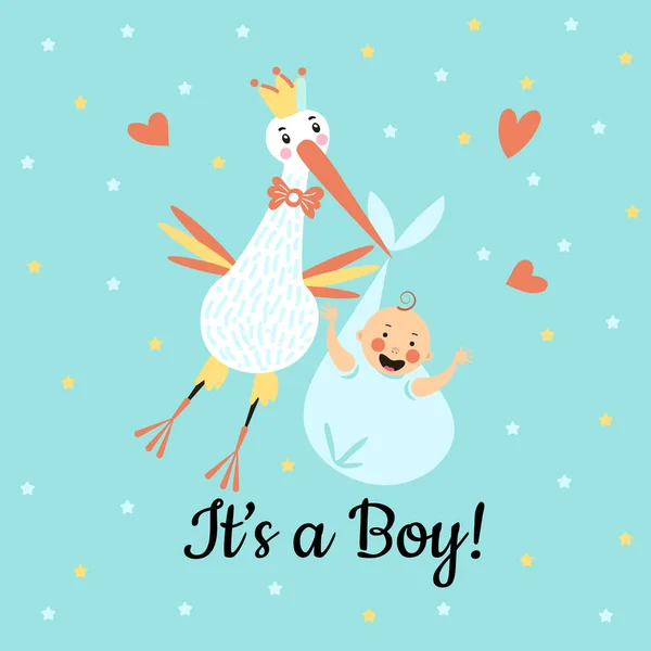 Tecknad Stork Leverera Nyfödda Baby — Stock vektor