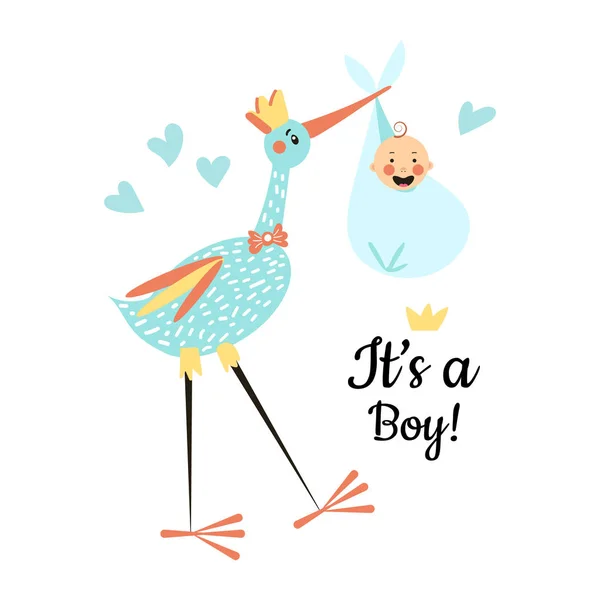 Cartoon Stork Delivering Newborn Baby — Stock Vector