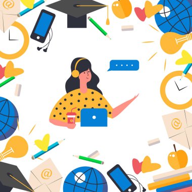 karikatür kız öğrenme online beyaz arka plan üzerinde izole