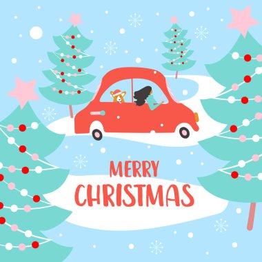 kış arka planda kırmızı arabada köpek ile kadın