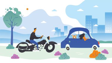 Beyaz arka planda izole motosiklet ve mavi araba