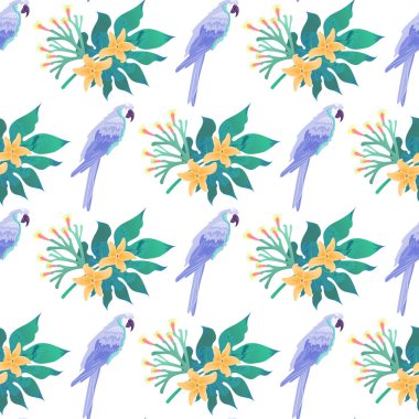 Beyaz arka planda izole papağan ve tropikal yaprakları