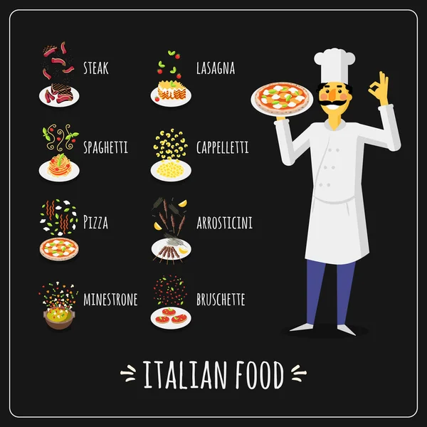黒い背景にイタリア料理を持つシェフ — ストックベクタ
