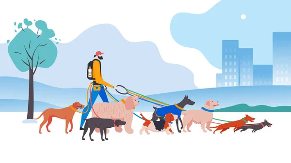 Hombre Perros Caminando Sobre Colorido Fondo — Vector de stock